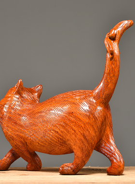 花梨木雕猫摆件实木动物可爱小猫红木中式家居客厅U玄关装饰工艺