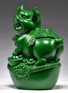 绿色木质猪摆件新中式家居装饰