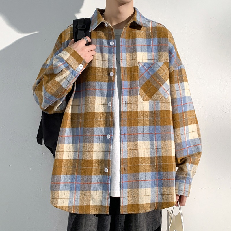 长袖格子衬衫男春秋新款美式衬衣情侣潮牌复古宽松休闲青少年外套 - 图0