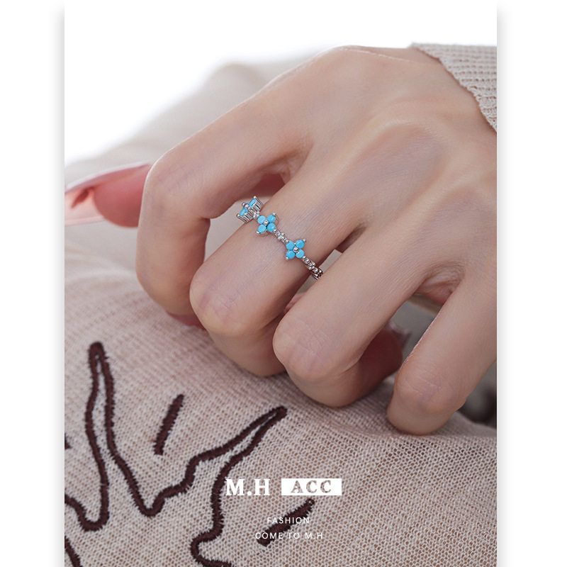 Fresh blue flower ring for women, light luxury, retro temperament, fashionable and versatile, high-end index finger ring jewelry wholesale