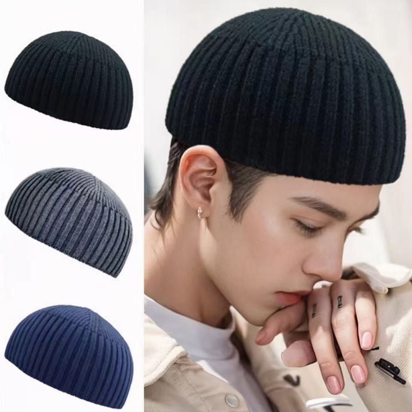 帽子男士瓜皮帽冬骑行针织女保暖防寒毛线帽户外光头帽光板地主帽