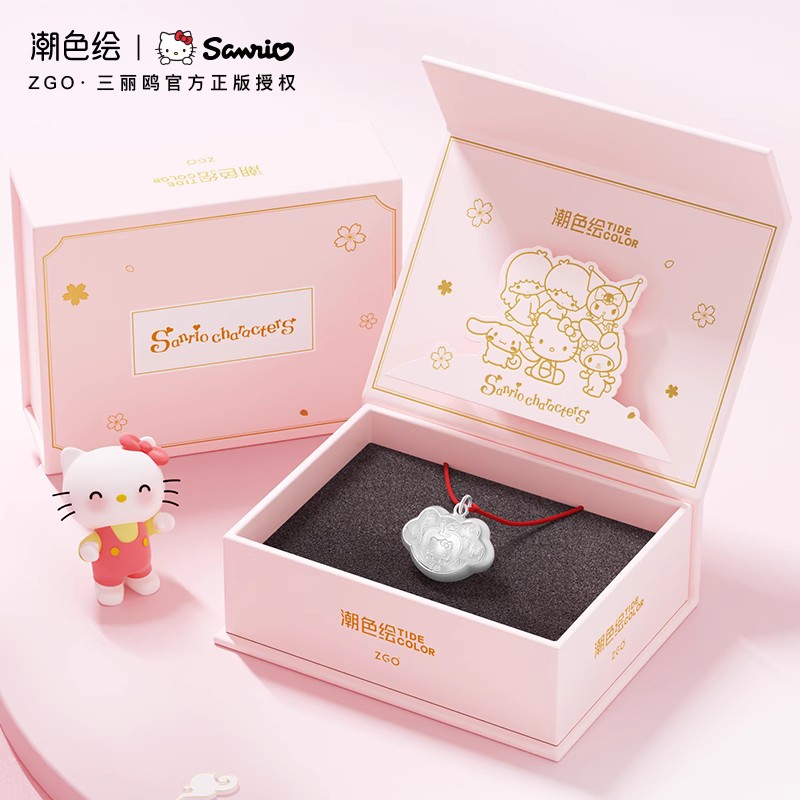 潮色绘X三丽鸥HelloKitty足银哈喽Kitty平安锁红绳项链长命锁礼物 - 图1