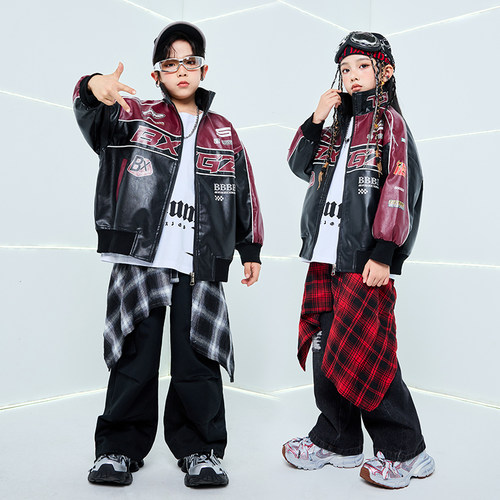 儿童街舞演出服爵士舞套装字母皮衣外套男童潮服少儿hiphop嘻哈女 - 图0