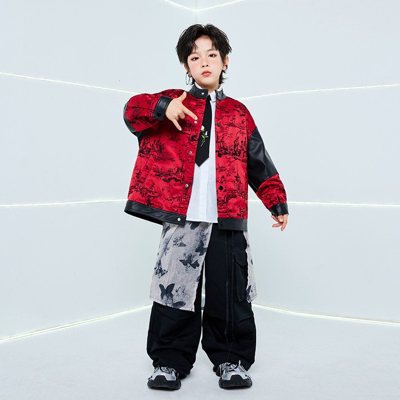 儿童街舞演出服爵士舞套装红色中国风皮衣男童潮服hiphop嘻哈女秋,淘宝优惠券,粉丝福利购,淘宝优惠卷