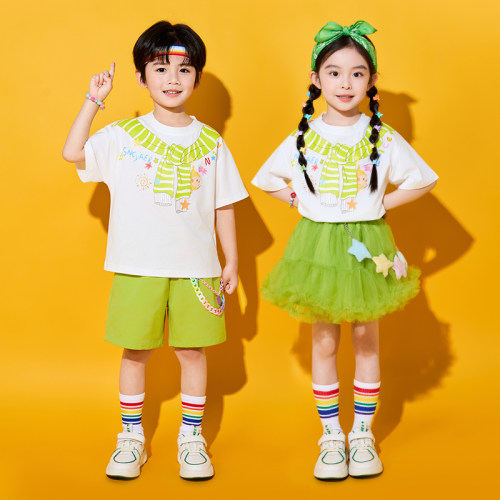 六一儿童演出服小学生运动会啦啦操班服合唱表演卡通T恤 绿色纱裙 - 图1