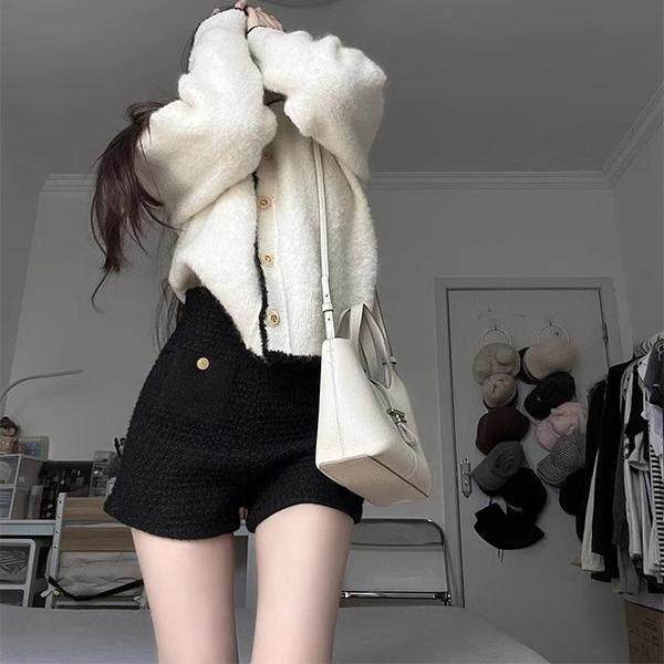 ROUJE NAIVE黑色配靴子毛呢短裤女春秋新款高腰显瘦a字打底休闲裤,淘宝优惠券,粉丝福利购,淘宝优惠卷