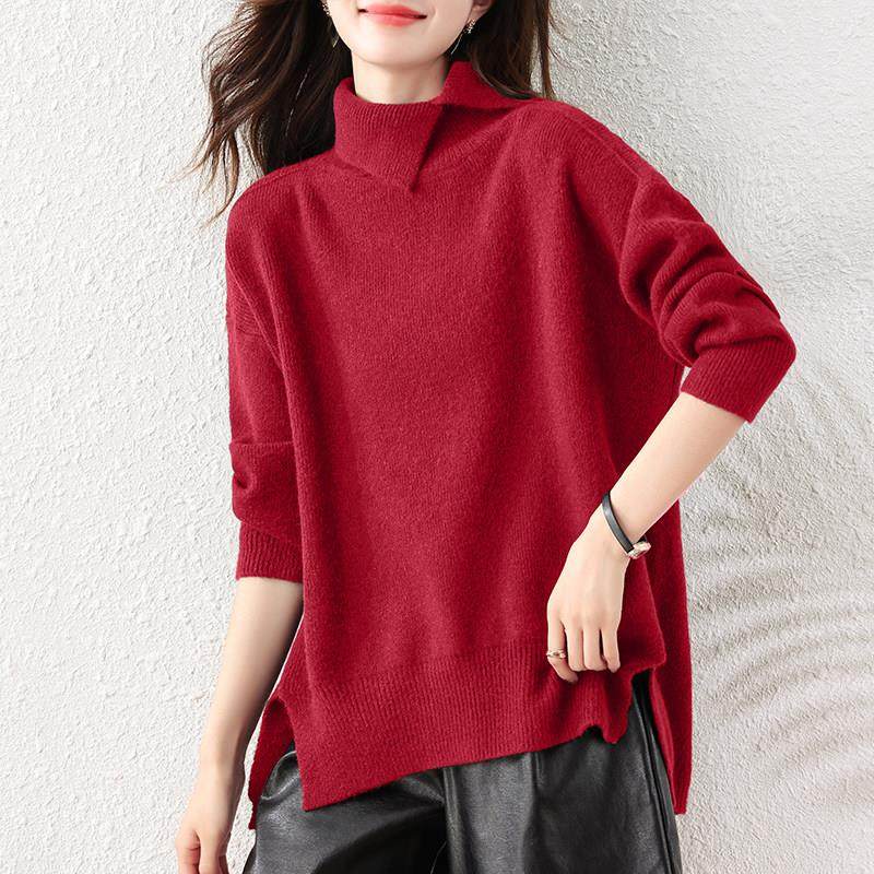 复古慵懒风咖色高领毛衣女冬季新款宽松显瘦设计感开叉针织衫上衣,淘宝优惠券,粉丝福利购,淘宝优惠卷