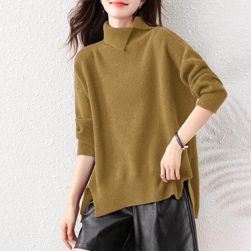 复古慵懒风咖色高领毛衣女冬季新款宽松显瘦设计感开叉针织衫上衣,淘宝优惠券,粉丝福利购,淘宝优惠卷