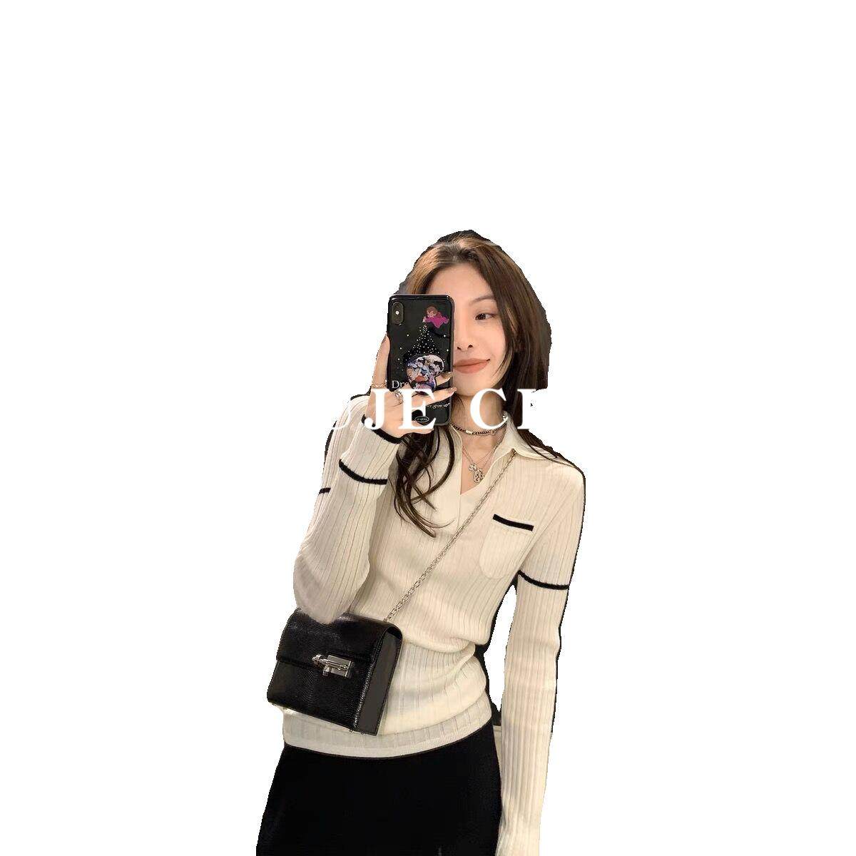 法国ROUJE CHIC法式复古风POLO领针织衫女洋气高级感时尚修身毛衣,淘宝优惠券,粉丝福利购,淘宝优惠卷