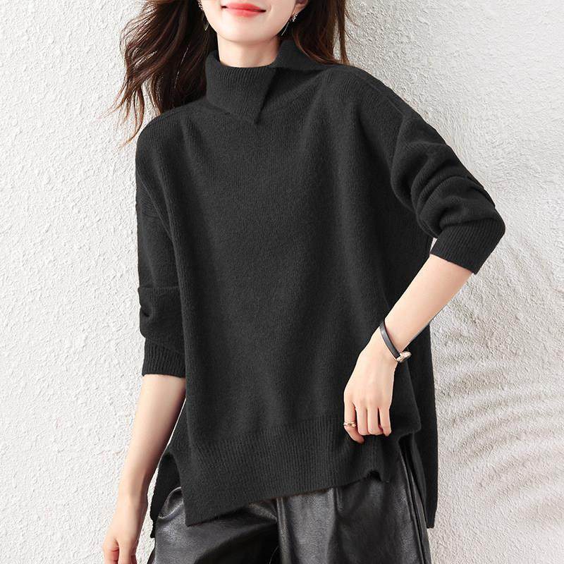 复古慵懒风咖色高领毛衣女冬季新款宽松显瘦设计感开叉针织衫上衣,淘宝优惠券,粉丝福利购,淘宝优惠卷