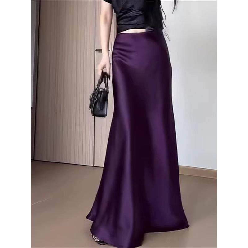 紫色缎面长裙2025年夏季女装新款高端轻成熟优雅褶皱抱臀鱼尾长裙,淘宝优惠券,粉丝福利购,淘宝优惠卷