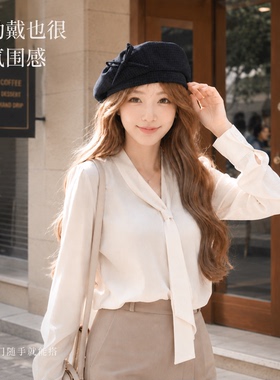 黑色格纹蝴蝶结显脸小女士贝雷帽