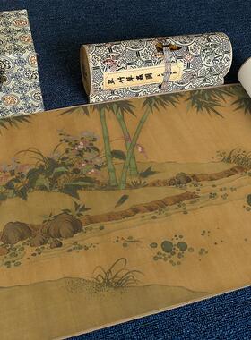 代 黄筌 翠竹草虫图高清微喷花鸟鱼虫画手卷装Z裱画稿工笔花卉画