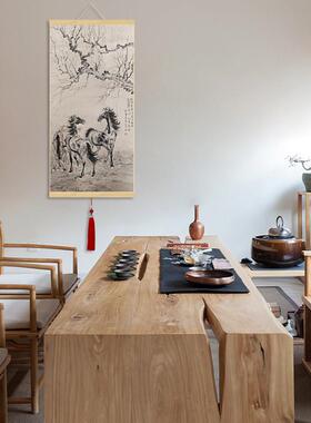 中式卷轴画徐悲鸿奔马图字画书房装饰画玄关电表箱T画丝绸画微喷