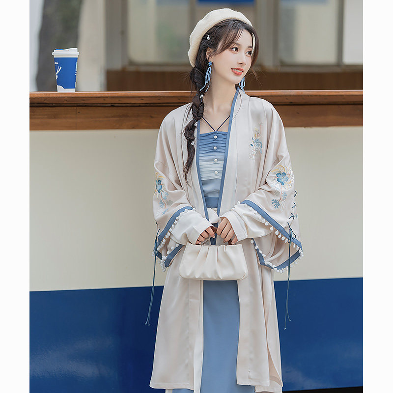 云藏月绣蔚蓝海改良汉服宋制旋裙褙子飞机袖女款日常汉元素女装色_虎窝淘