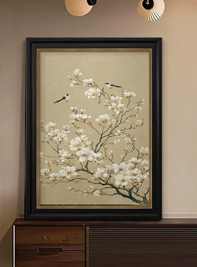 玉兰栖喜》新中式客厅手绘油画装饰画餐厅中古风玄关挂画禅意壁画