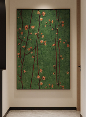 法式复古墨绿色高级梅花条客厅餐厅手绘油画南洋风玄关走廊装饰画