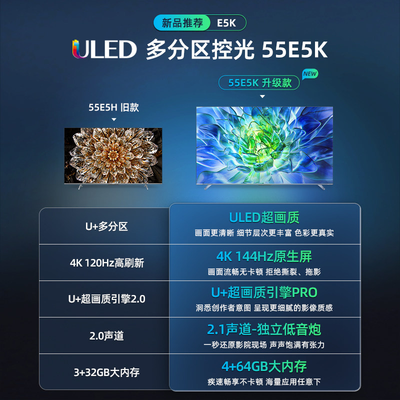 海信55e5h 55英寸多分区120hz高刷 海信电视平板电视