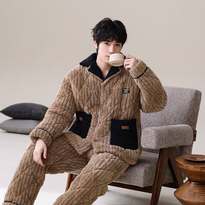 珊瑚绒睡衣男秋冬季加绒加厚三层夹棉青少年冬天保暖家居服两件套,淘宝优惠券,粉丝福利购,淘宝优惠卷