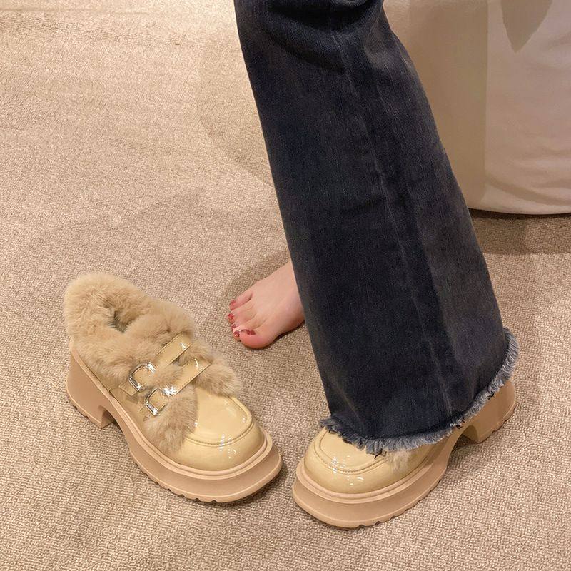 黑色小皮鞋女冬季加绒保暖法式高跟玛丽珍鞋粗跟厚底乐福鞋毛毛鞋,淘宝优惠券,粉丝福利购,淘宝优惠卷