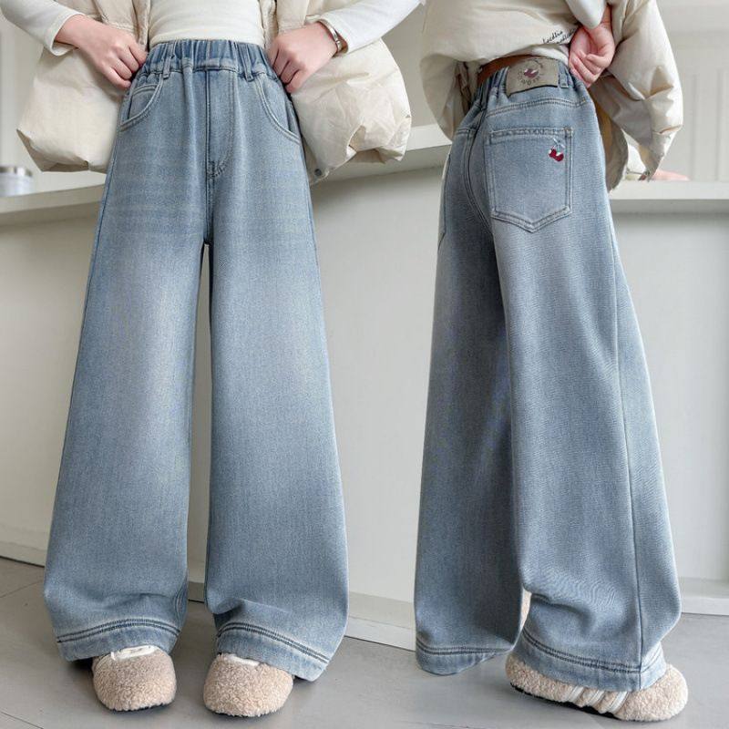 女童浅色牛仔裤加绒加厚冬季2025新款儿童直筒女大童阔腿裤子秋冬,淘宝优惠券,粉丝福利购,淘宝优惠卷