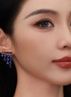 S925银耳饰 宝璃 蓝色重工流苏气质耳饰女轻奢小众耳环