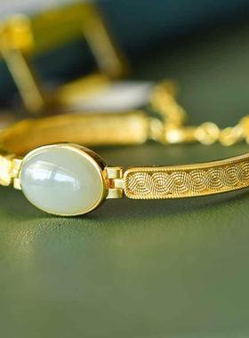 铜镶嵌和田玉白玉仿古纹手镯