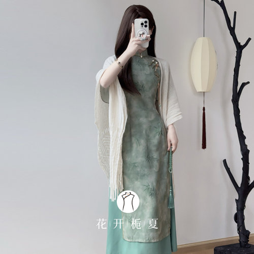 《荡漾》绿色旗袍新中式国风改良年轻款少女奥黛连衣裙 - 图0