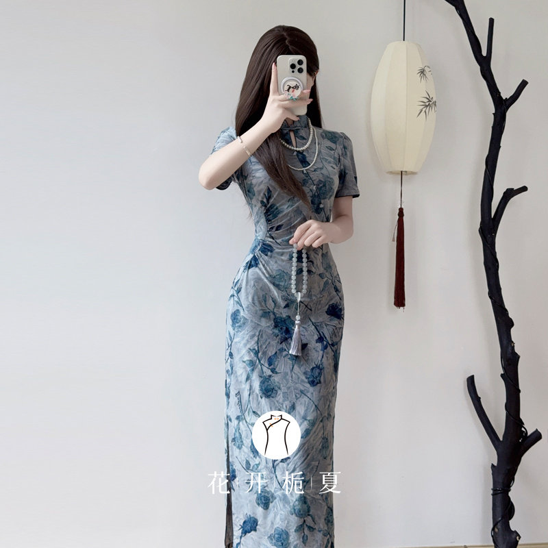 新中式国风蓝色素雅旗袍弹力修身显瘦2025巨好看少女连衣裙8/18,淘宝优惠券,粉丝福利购,淘宝优惠卷