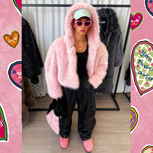 BUDDYBODY美式嘻哈宽松仿狐狸毛环保皮草粉色短款连帽毛毛外套 - 图2