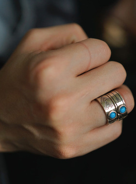 bugiel印第安花纹箭头图腾戒指男开口嘻哈复古个性镶嵌绿松石指环