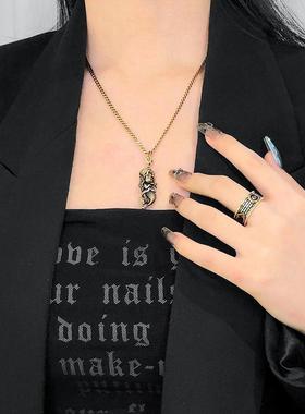 2025泰银潮牌黑金戒指女古金指环中式建筑戒指男女百搭开口戒指