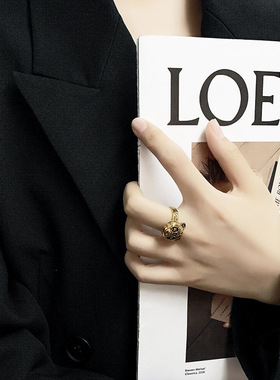 2025新款潮牌黑金戒指男女款铜镀古金戒指指环机械熊猫开口戒指