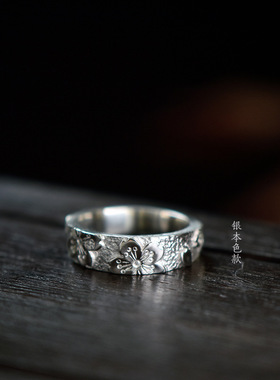 千叶刻樱花纯银情侣饰品戒指原创