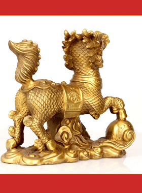 铜麒麟摆件一对纯黄铜八卦公母
