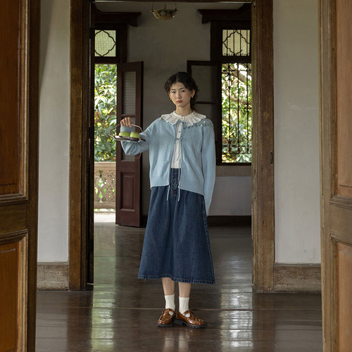 LLANO蓝铃花绑带钩花奶奶开衫复古针织温柔风毛衣上衣外套女早秋 - 图0