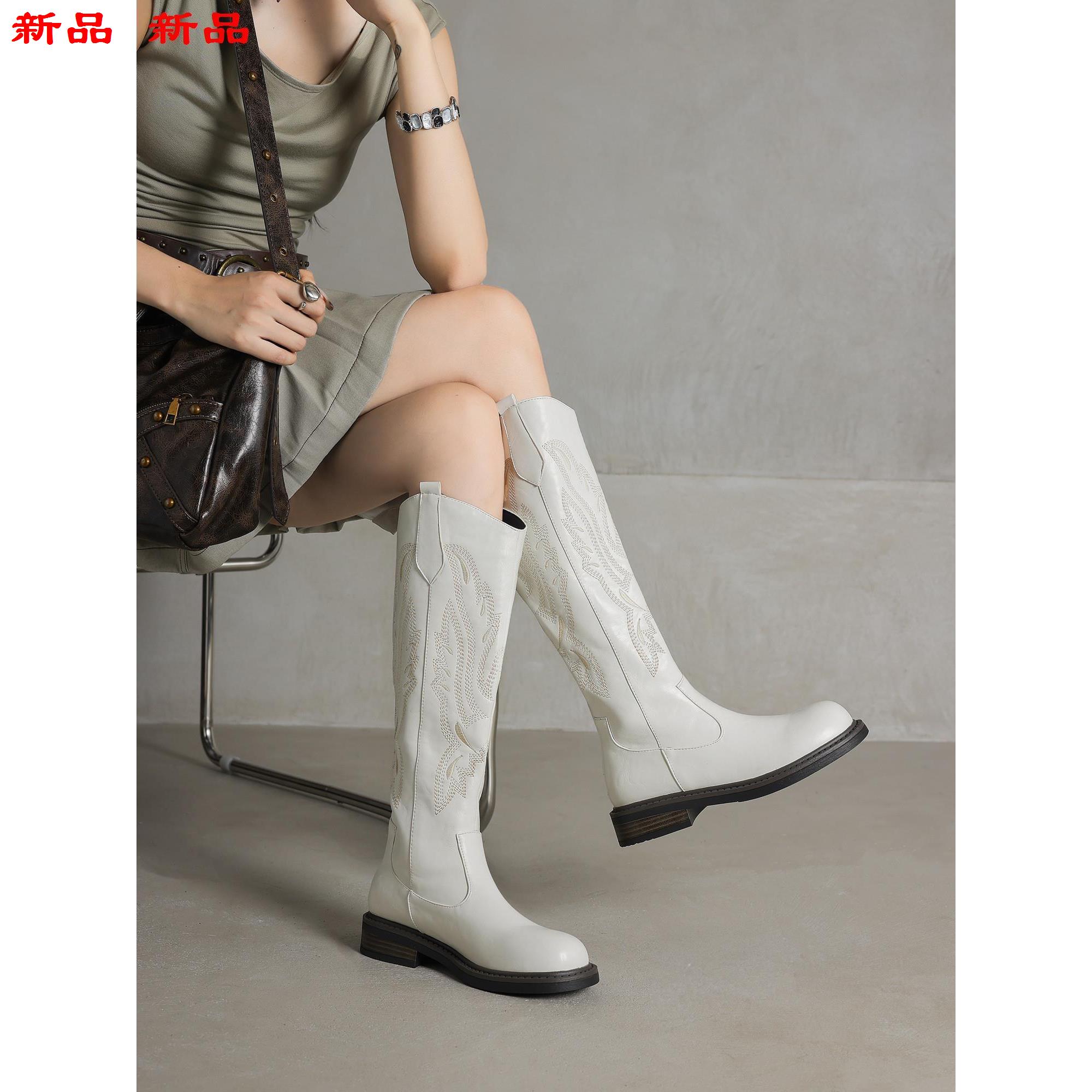 靴鞋手工刺绣长靴拉链高筒春秋骑士西部后-复古大码跟女低4341 - 图0