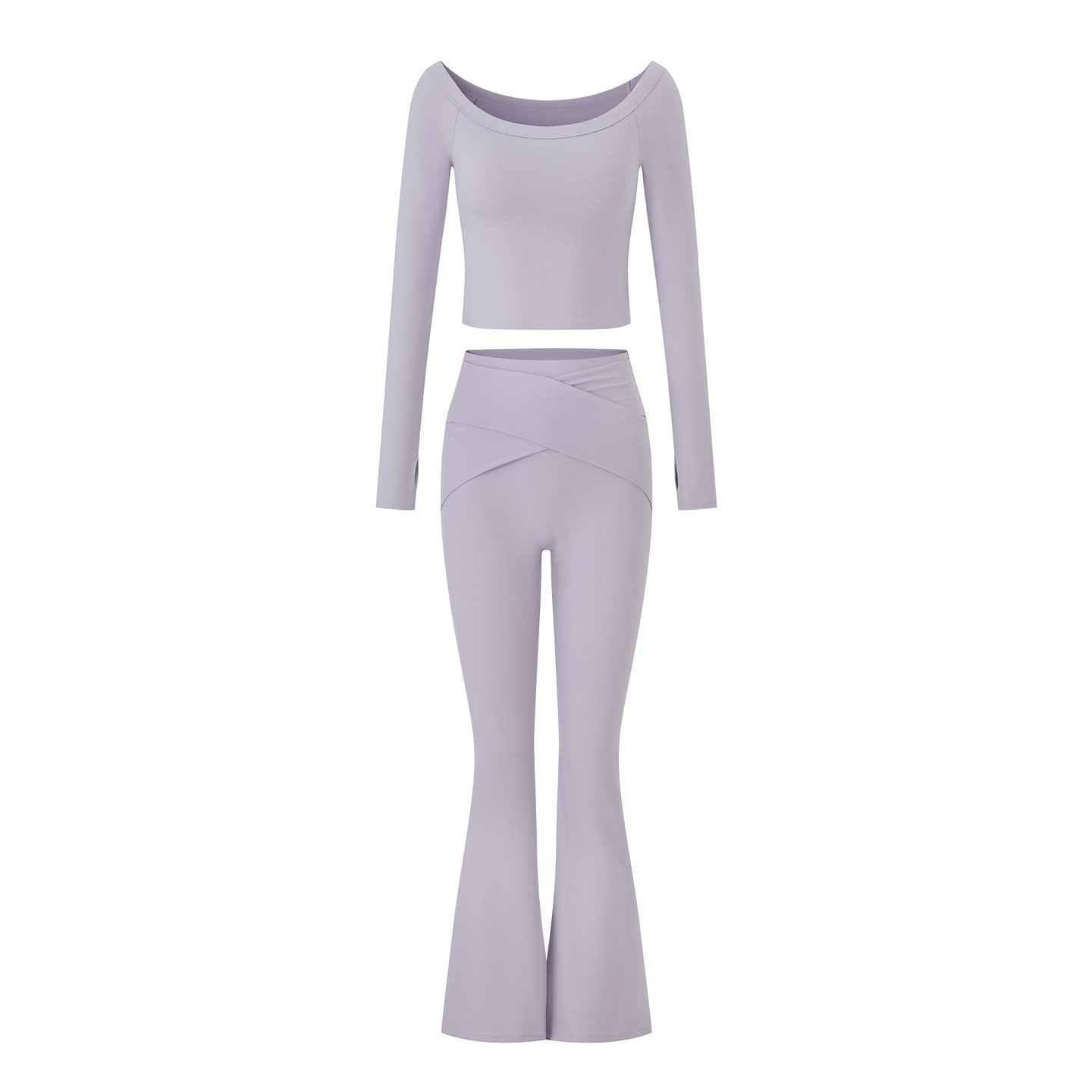 Byurun 一字肩带胸垫速干运动长袖t恤两件瑜伽套装女后交叉喇叭裤,淘宝优惠券,粉丝福利购,淘宝优惠卷