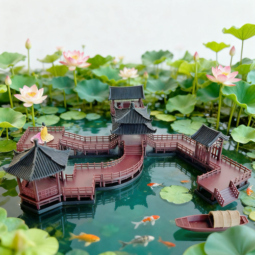 国风亭子带灯栈道中式摆件水陆缸造景餐桌沙盘装饰莲花池微景观 - 图0