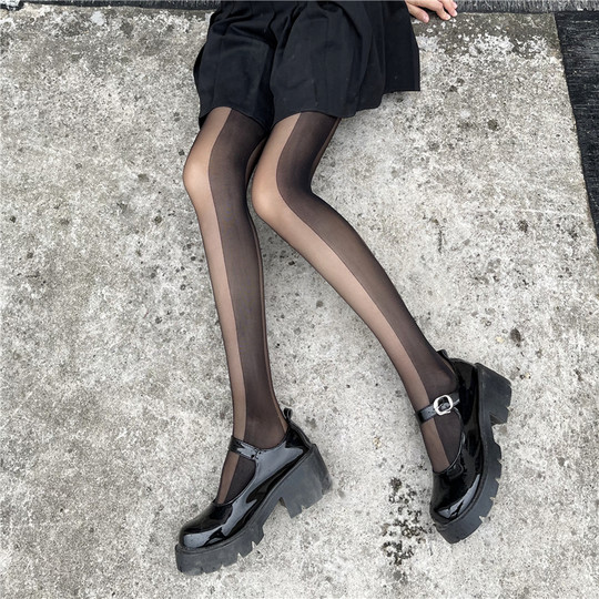 Dünne schwarze Strümpfe, sexy schlankmachende Strumpfhosen mit seitlichen vertikalen Streifen