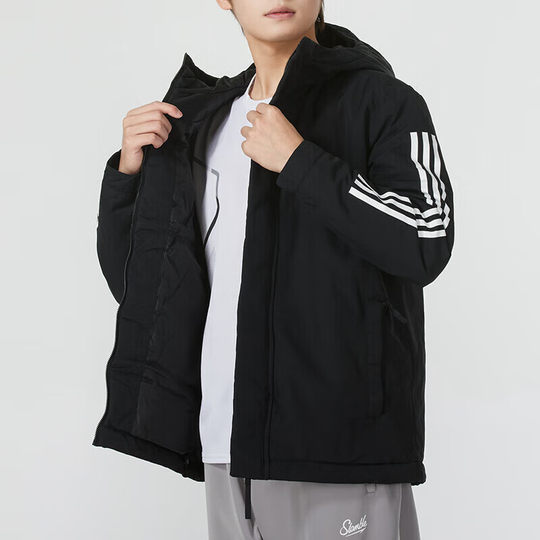 阿迪达斯黑色棉服男冬季新款大码保暖棉袄运动加厚外套男装防风衣