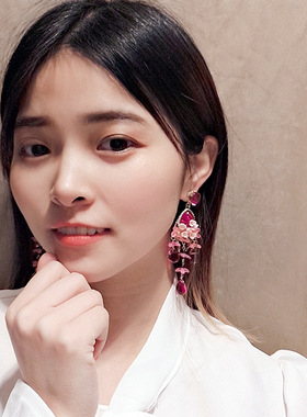 仙女玫红色琉璃耳环925银针