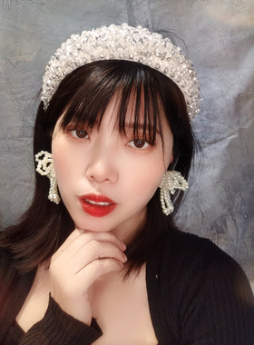 复古手缝白灰色水晶发箍带齿发卡