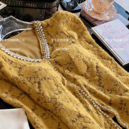 名媛风气质喇叭袖羊绒蕾丝衫加绒加厚修身显瘦v领气质弹力小衫女 - 图2