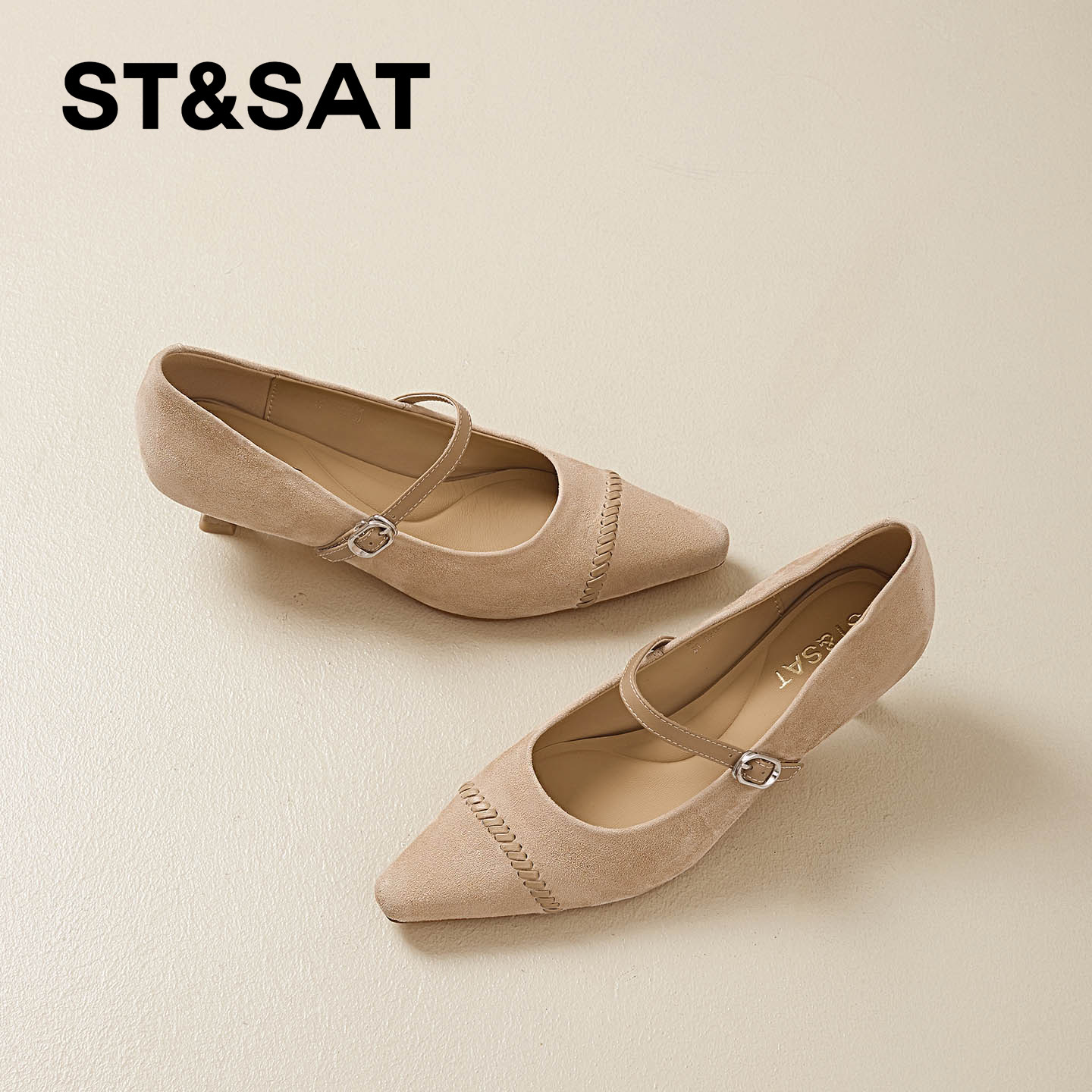 星期六法式真皮猫跟浅口单鞋女2026春季新款尖头细跟不累脚高跟鞋