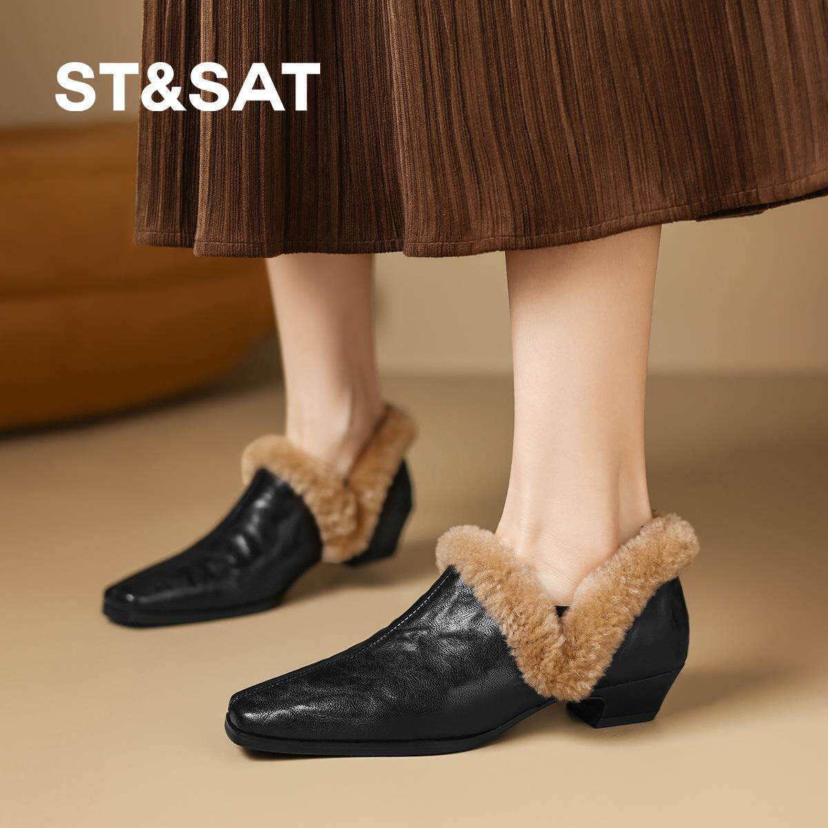 星期六2025新款加绒乐福鞋女软底舒适深口单鞋平底百搭休闲毛毛鞋