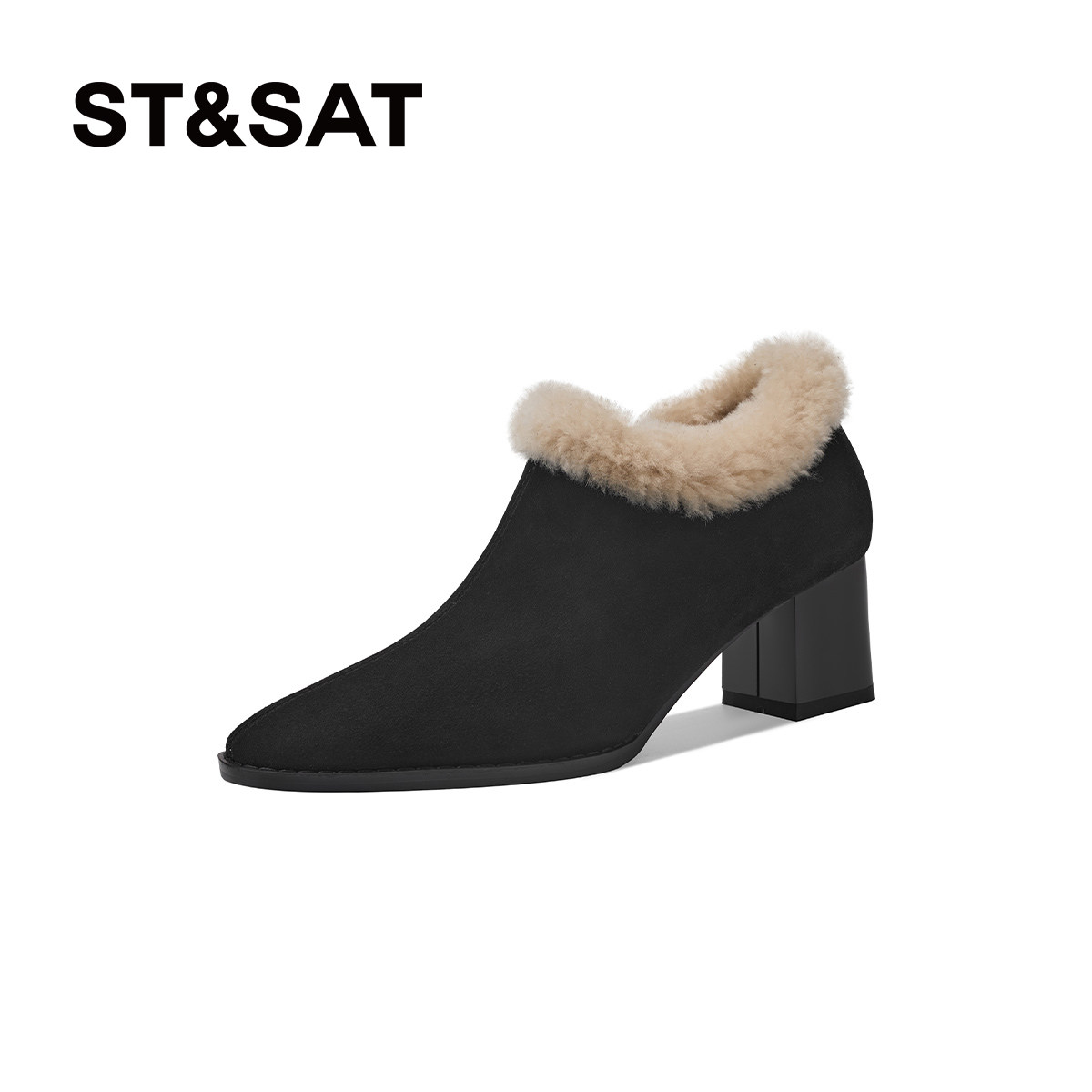 星期六新款女单鞋中跟加绒保暖毛绒深口单鞋尖头粗跟通勤鞋女,淘宝优惠券,粉丝福利购,淘宝优惠卷