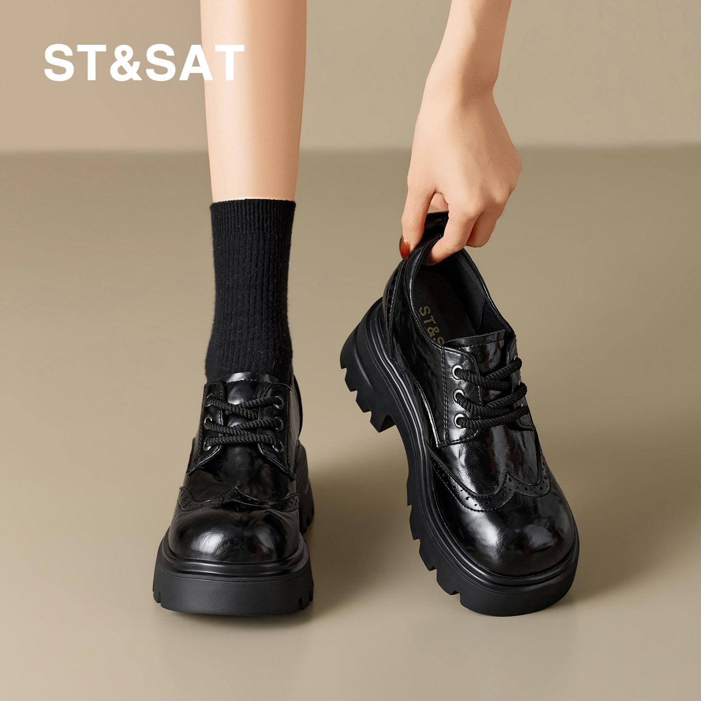 星期六新款黑色牛津鞋女春季英伦风小皮鞋真皮小个子增高系带单鞋,淘宝优惠券,粉丝福利购,淘宝优惠卷