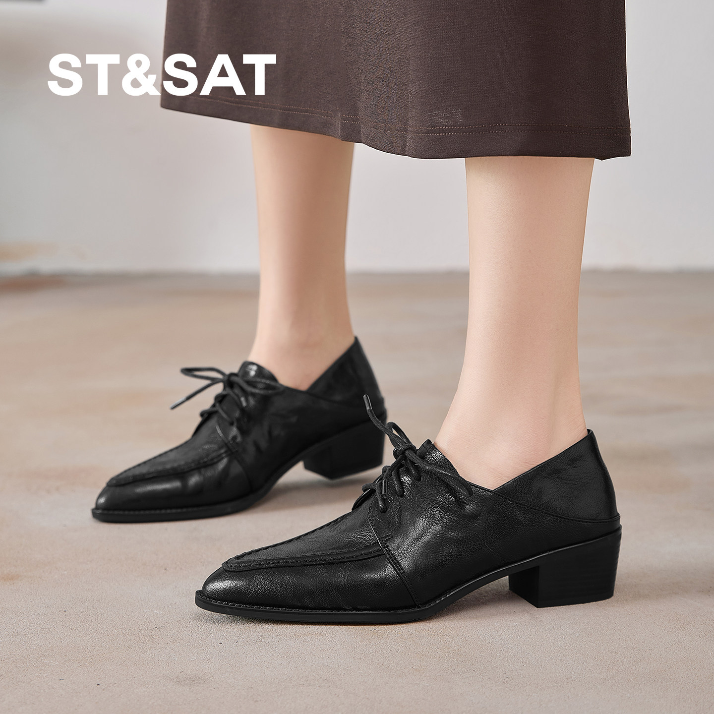 星期六2026春季新款粗跟深口单鞋百搭通勤女鞋黑色系带真皮工作鞋,淘宝优惠券,粉丝福利购,淘宝优惠卷