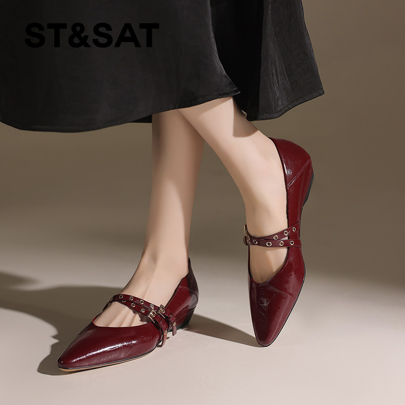 星期六红色单鞋女2025新款法式尖头平底玛丽珍鞋真皮通勤气质女鞋